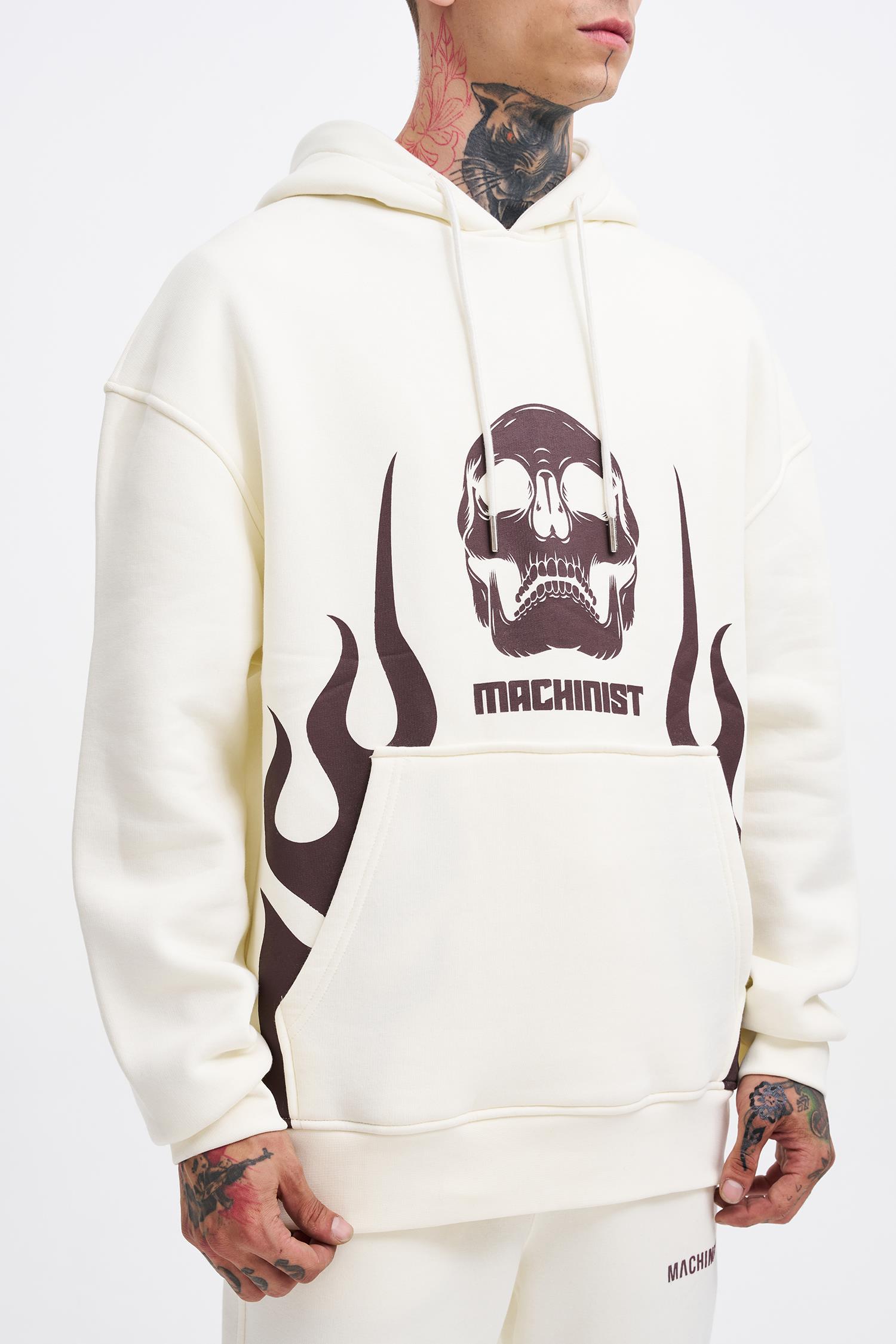 Erkek Oversize Fire Baskılı Sweatshirt Ekru