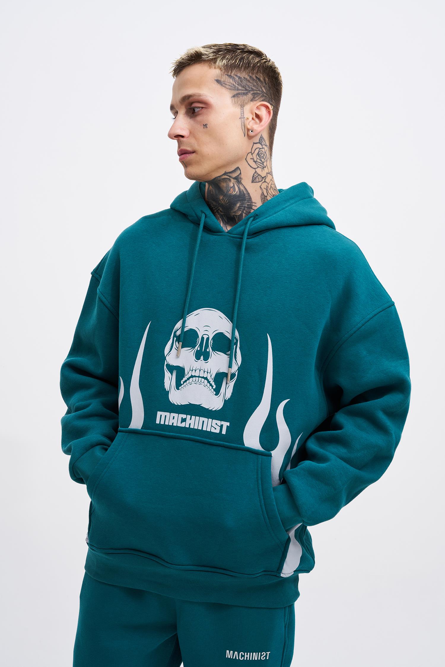 Erkek Oversize Fire Baskılı Sweatshirt Petrol Yeşili