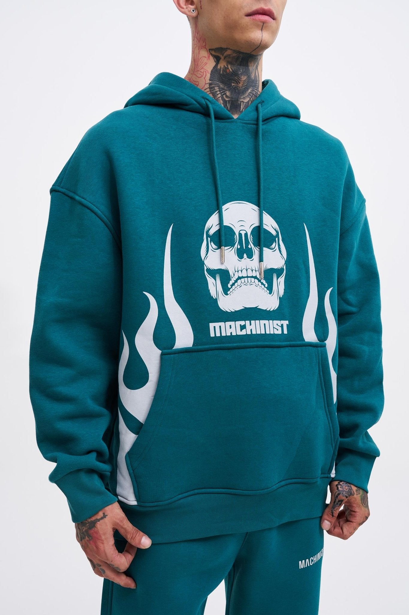 Erkek Oversize Fire Baskılı Sweatshirt Petrol Yeşili
