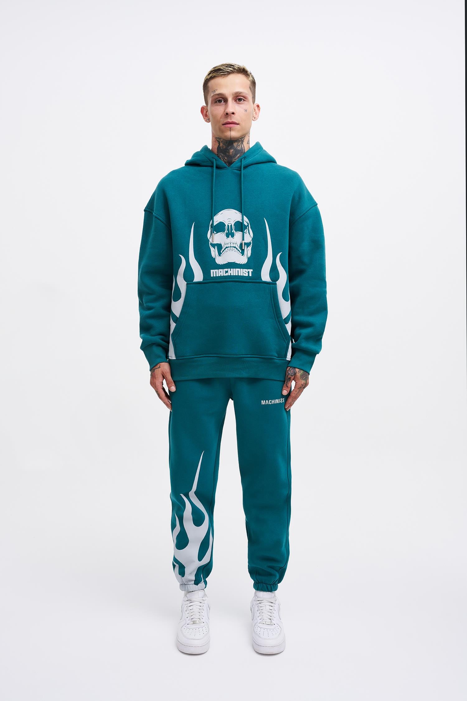 Erkek Oversize Fire Baskılı Sweatshirt Petrol Yeşili