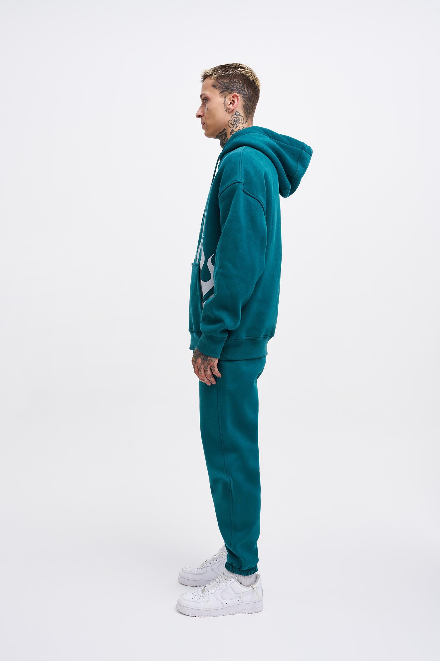 Erkek Oversize Fire Baskılı Sweatshirt Petrol Yeşili