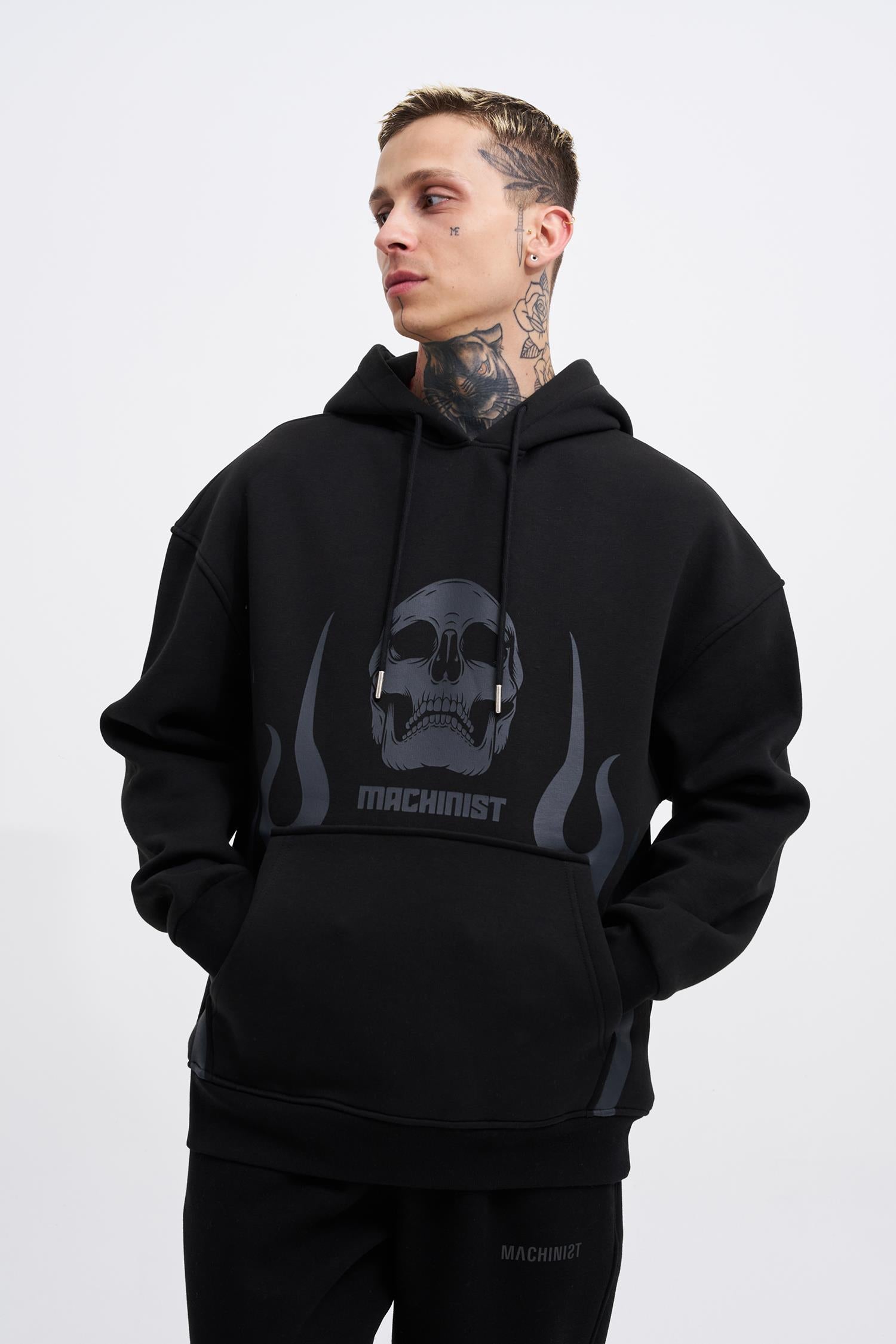 Erkek Oversize Fire Baskılı Sweatshirt Siyah