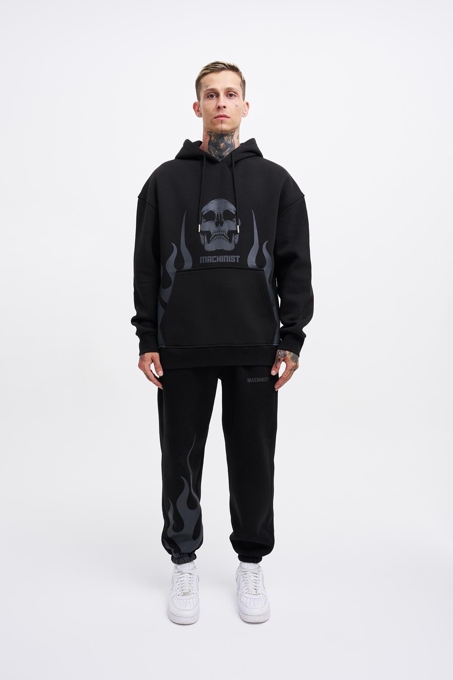 Erkek Oversize Fire Baskılı Sweatshirt Siyah