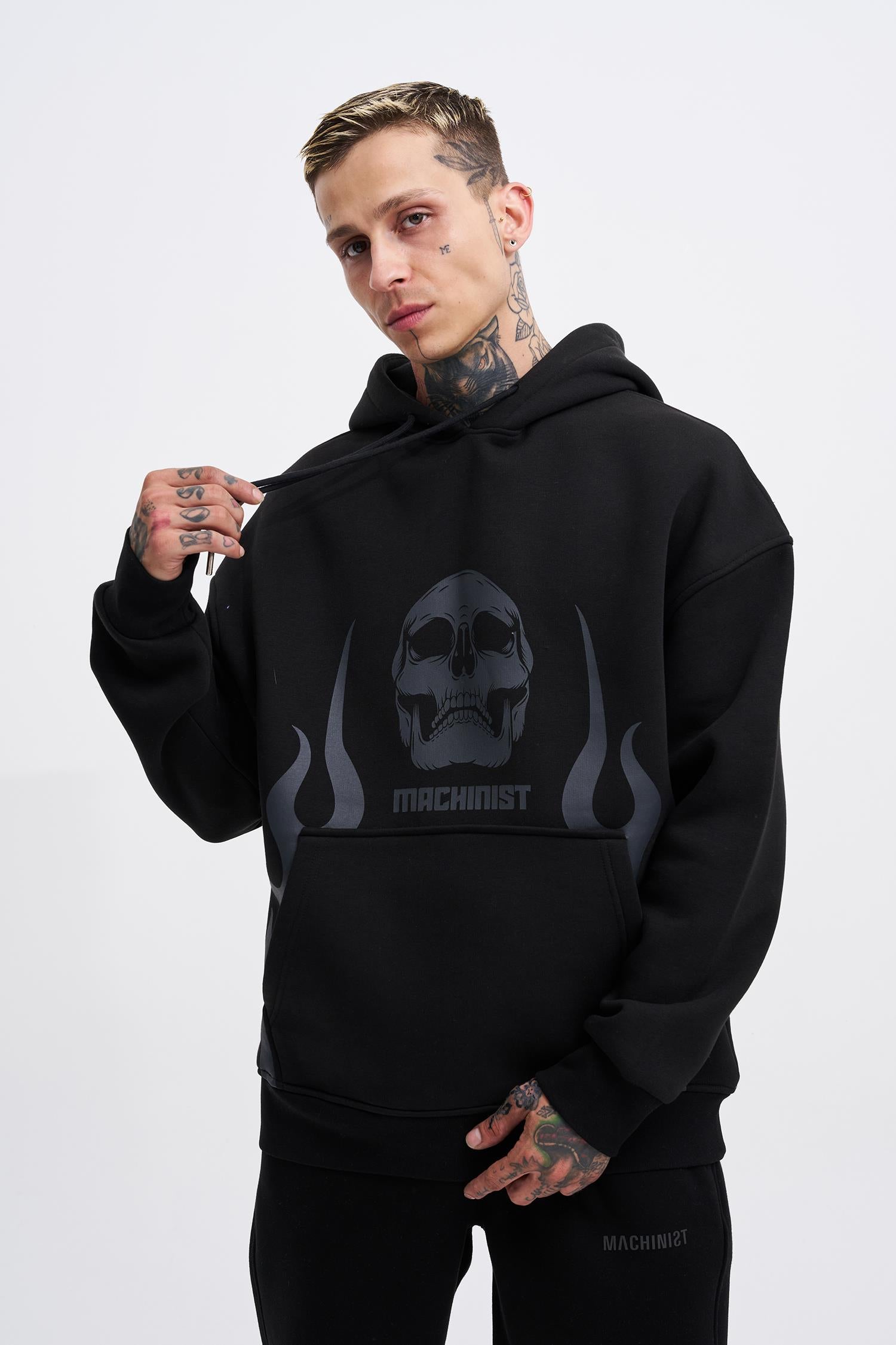 Erkek Oversize Fire Baskılı Sweatshirt Siyah