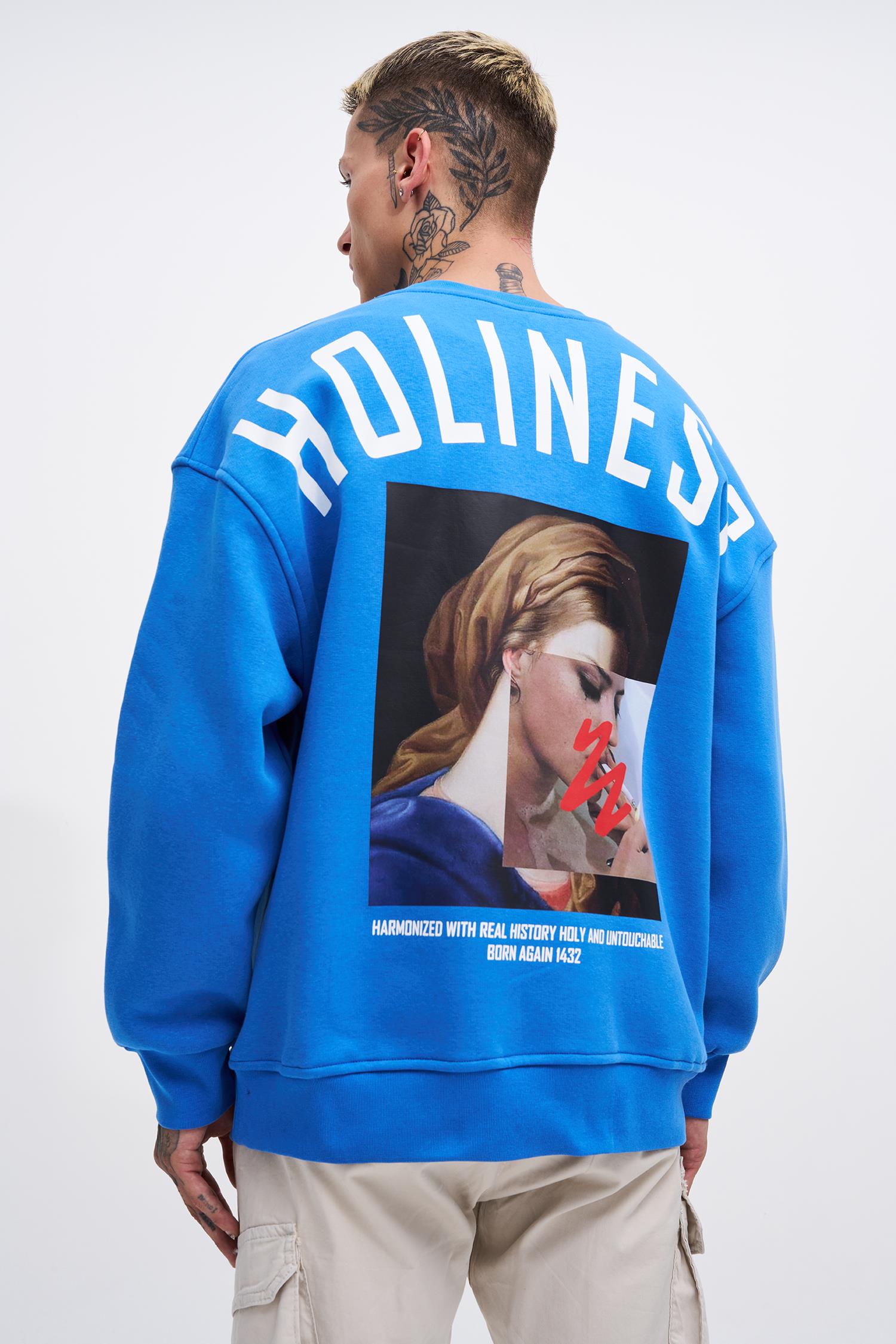Erkek Oversize Holiness Basic Sweatshirt Saks Mavi