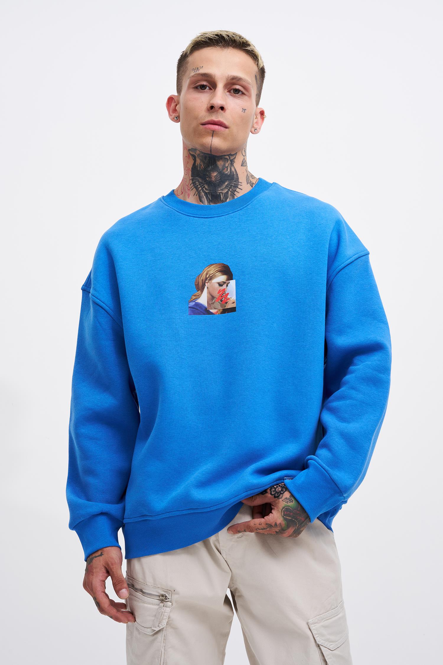 Erkek Oversize Holiness Basic Sweatshirt Saks Mavi