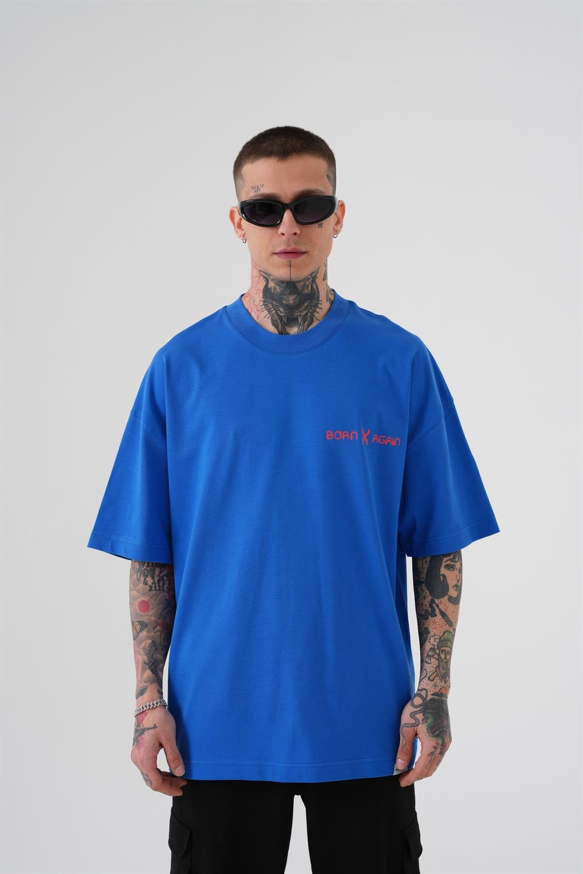 Erkek Oversize MCHNST Love Baskılı Oversize Tişört Açık Mavi