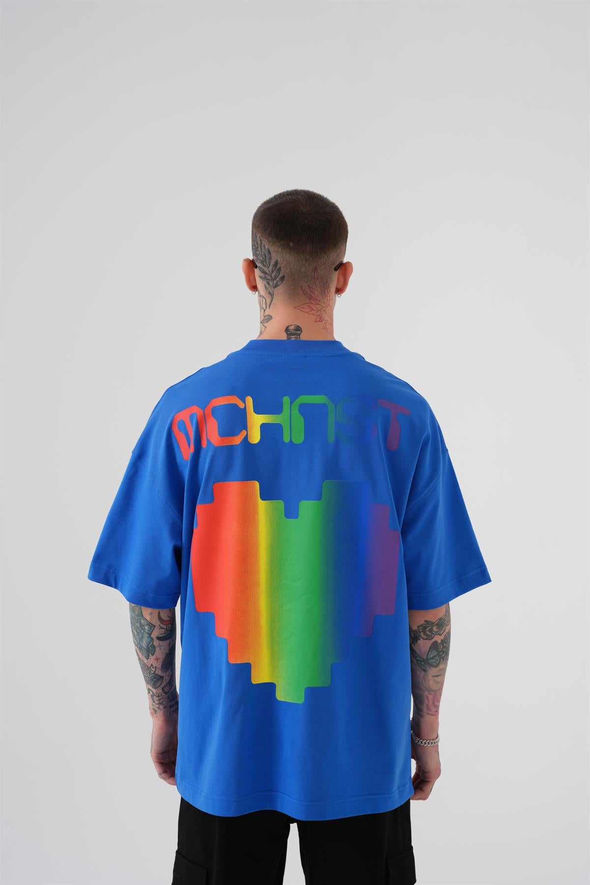 Erkek Oversize MCHNST Love Baskılı Oversize Tişört Açık Mavi