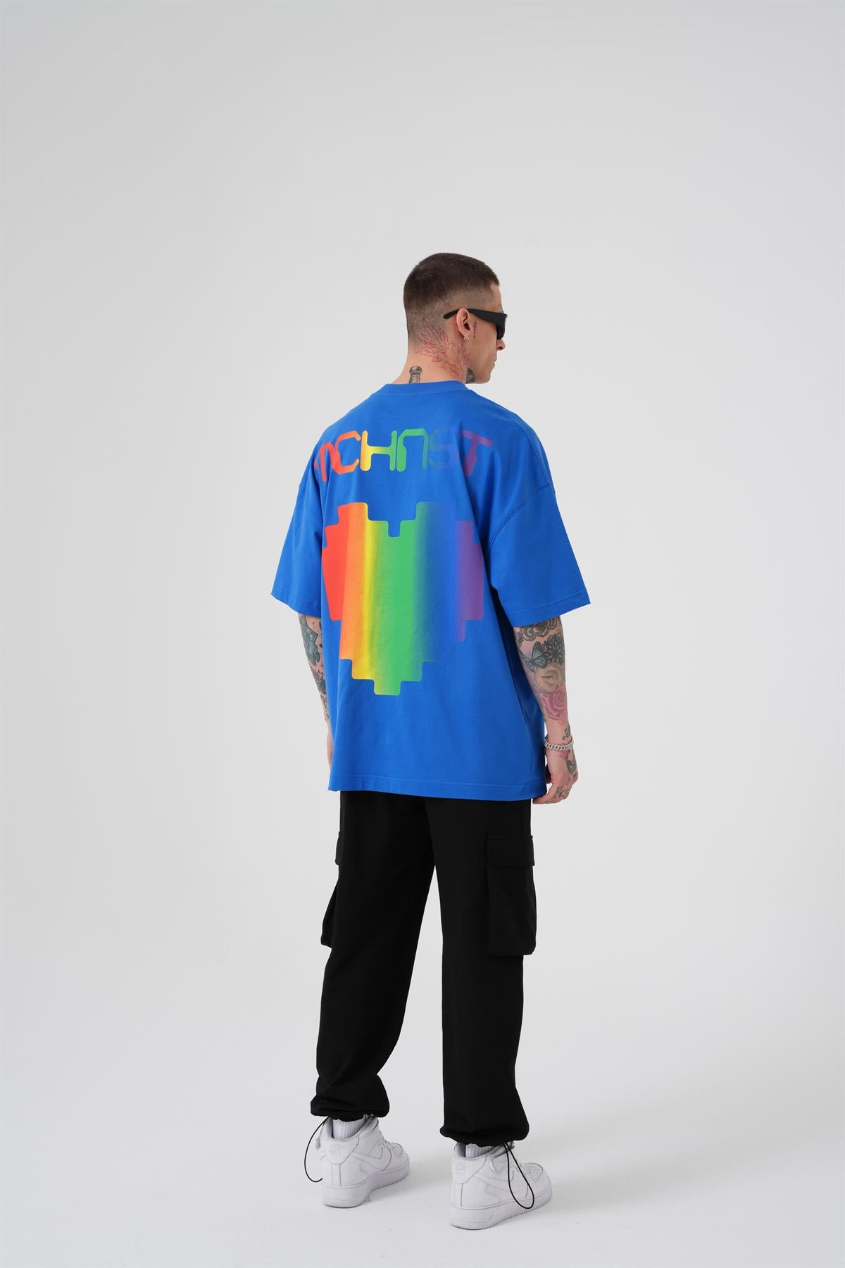 Erkek Oversize MCHNST Love Baskılı Oversize Tişört Açık Mavi