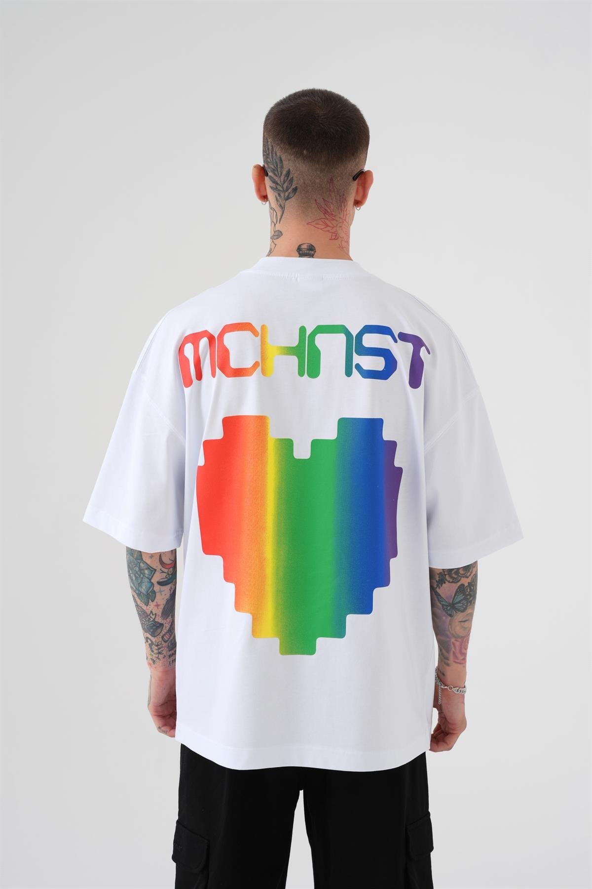 Erkek Oversize MCHNST Love Baskılı Oversize Tişört Beyaz