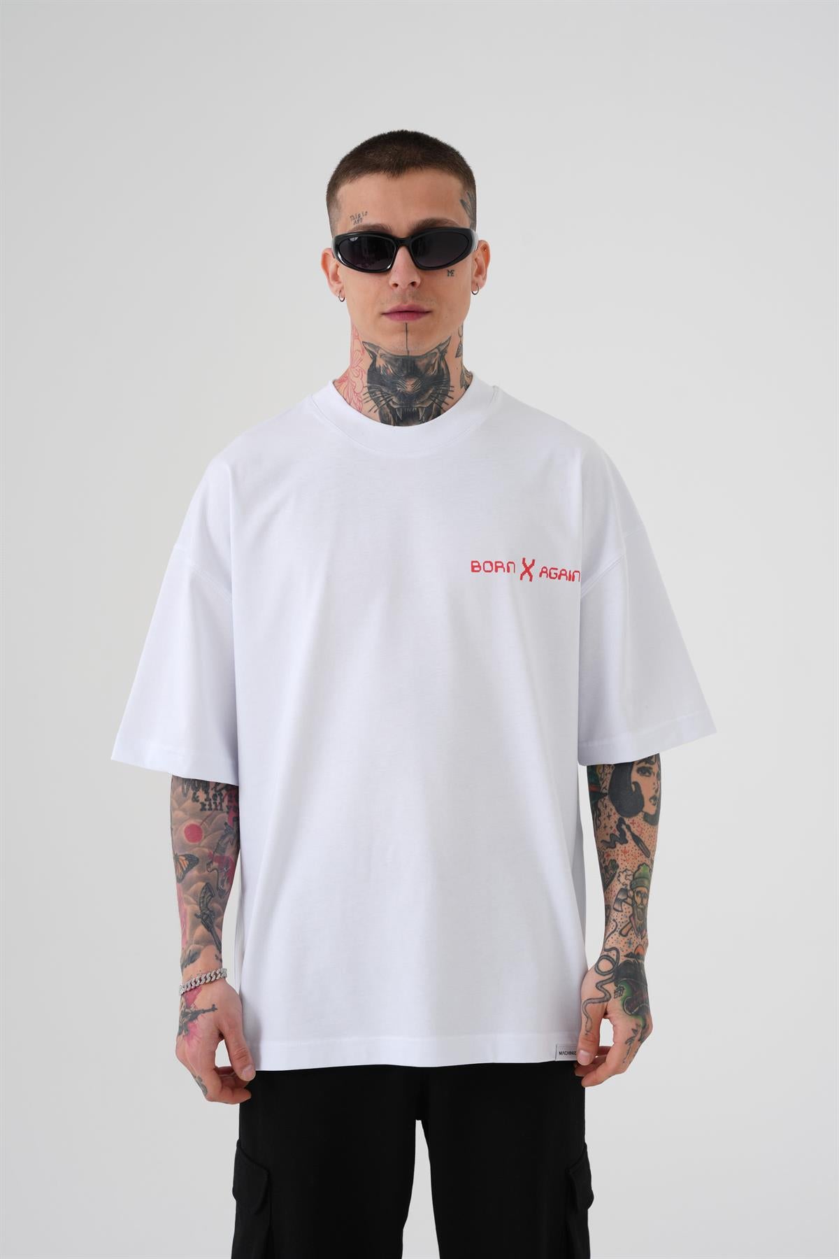 Erkek Oversize MCHNST Love Baskılı Oversize Tişört Beyaz