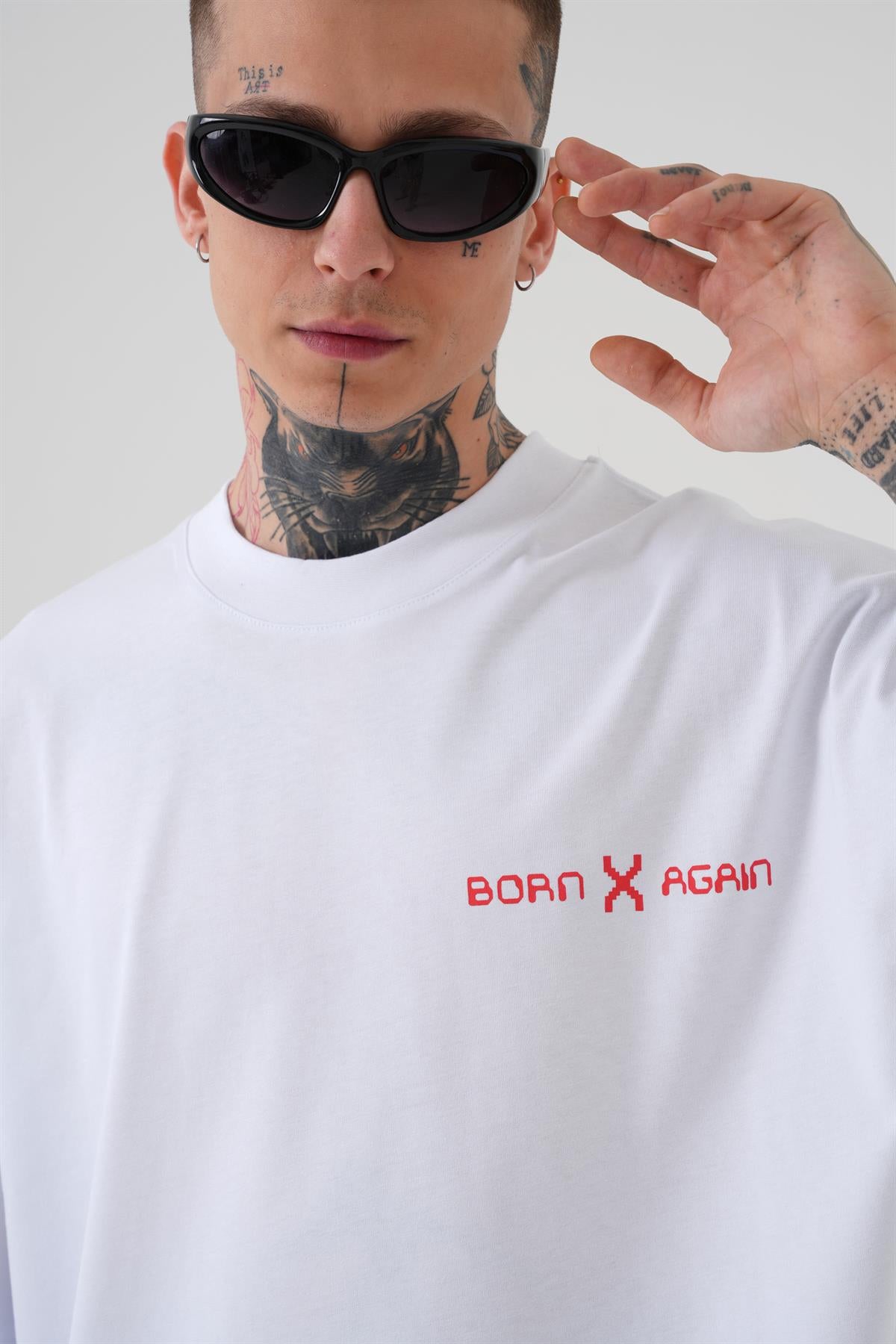 Erkek Oversize MCHNST Love Baskılı Oversize Tişört Beyaz