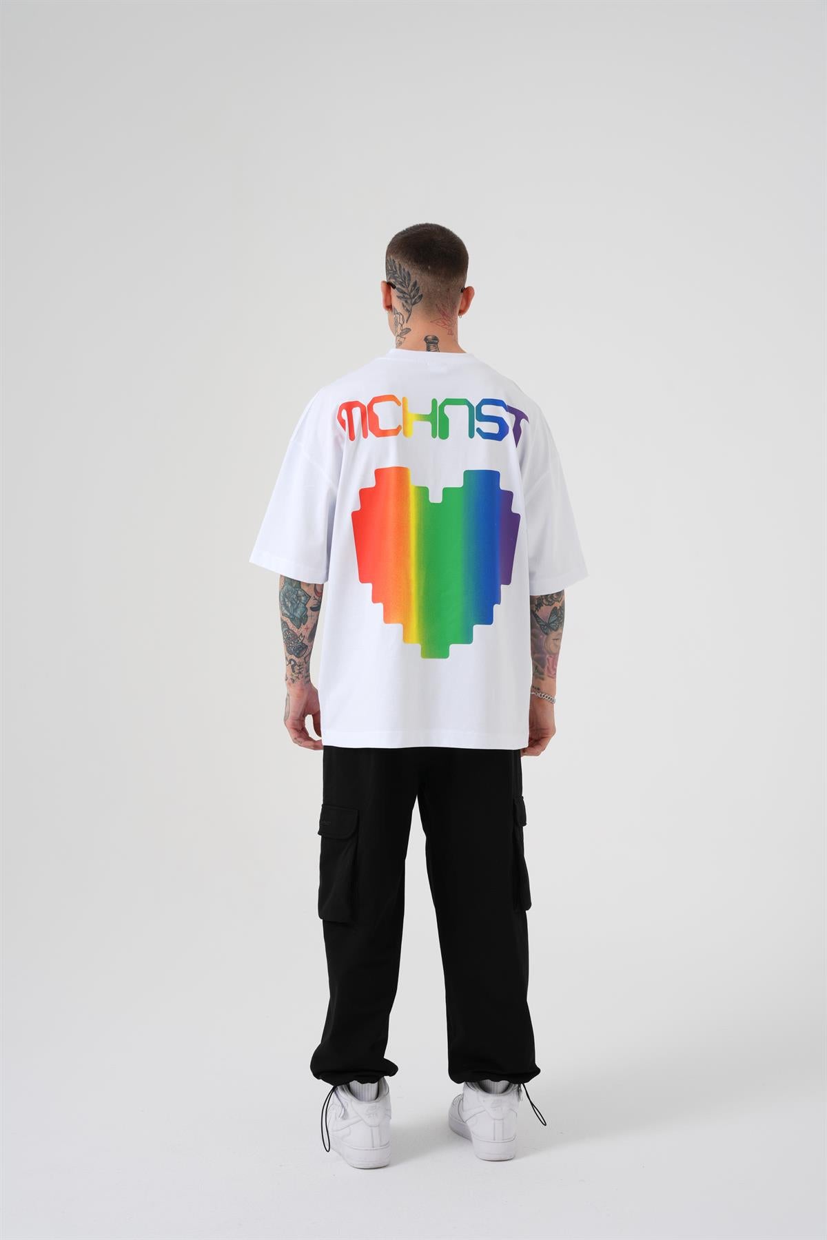 Erkek Oversize MCHNST Love Baskılı Oversize Tişört Beyaz
