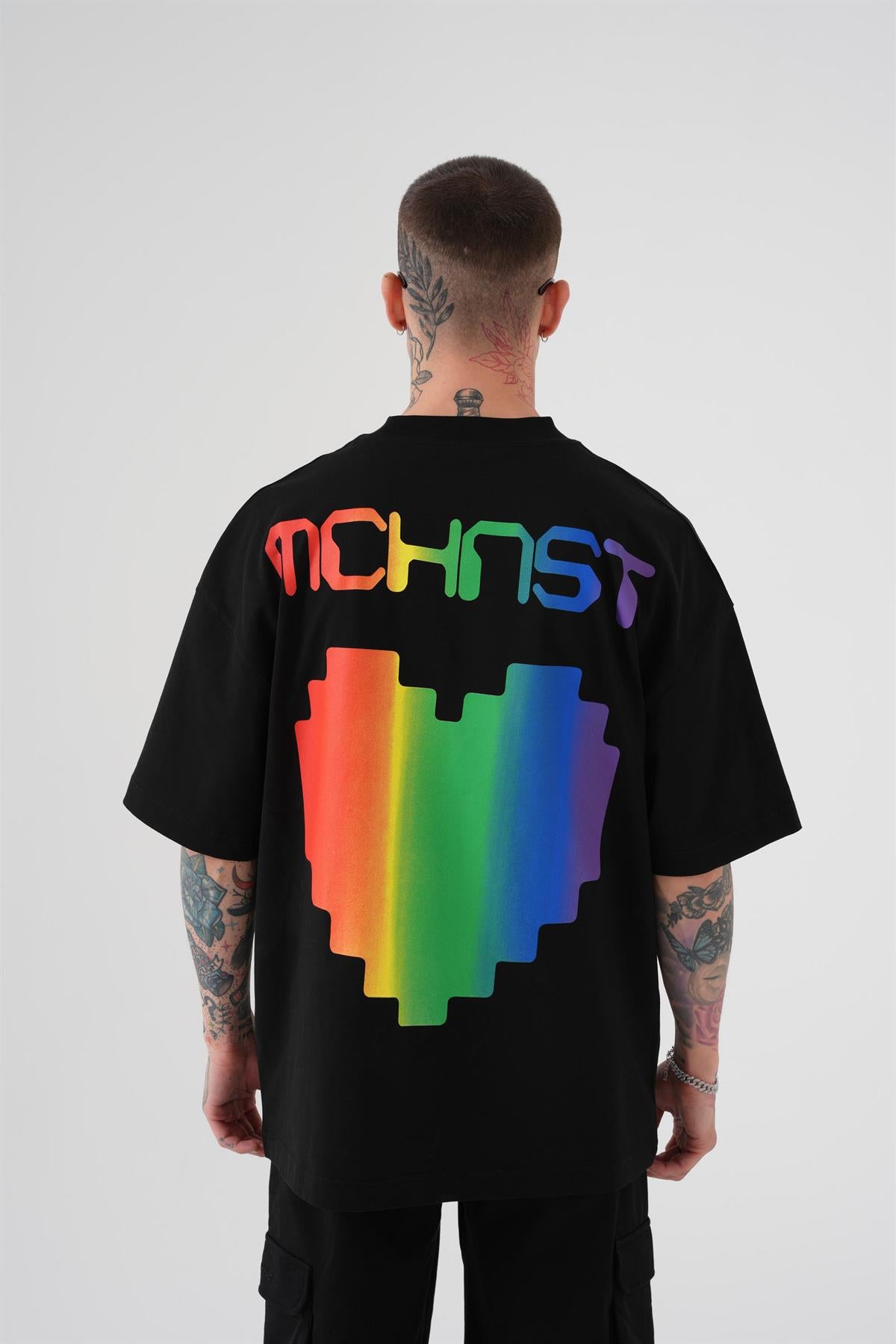 Erkek Oversize MCHNST Love Baskılı Oversize Tişört Siyah