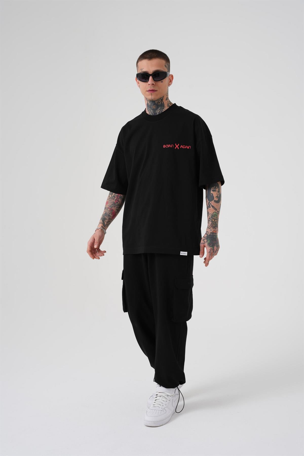 Erkek Oversize MCHNST Love Baskılı Oversize Tişört Siyah