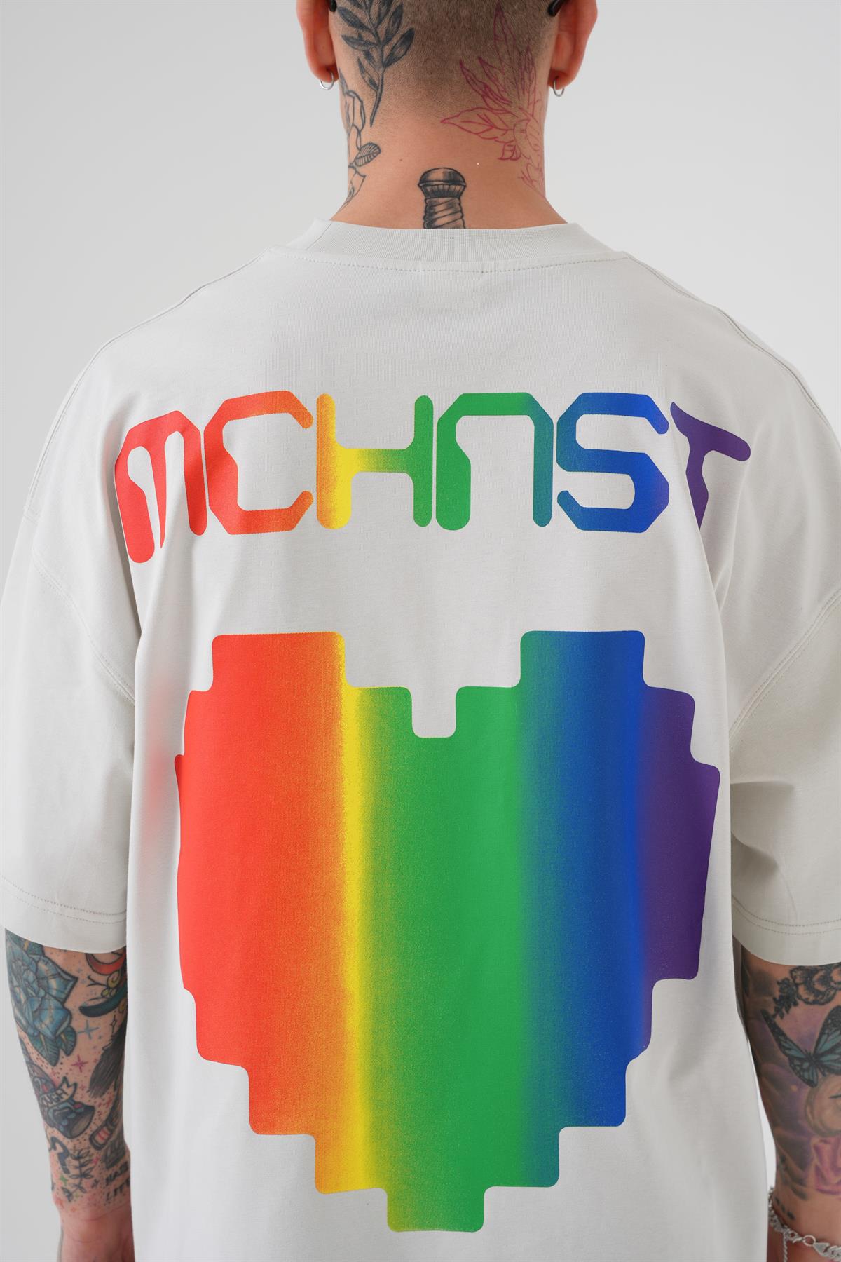 Erkek Oversize MCHNST Love Baskılı Oversize Tişört Uzay Grisi