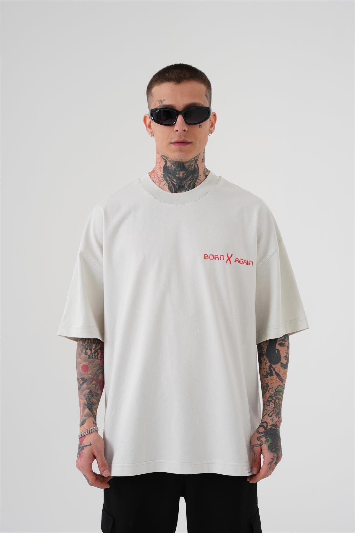 Erkek Oversize MCHNST Love Baskılı Oversize Tişört Uzay Grisi
