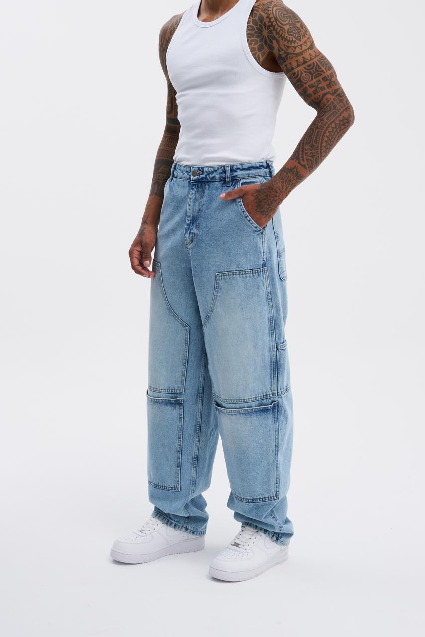 Erkek Oversize Yıkama Efektli Jean Pantolon Açık Mavi