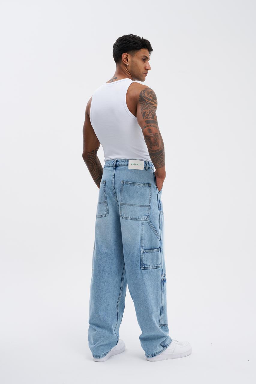 Erkek Oversize Yıkama Efektli Jean Pantolon Açık Mavi