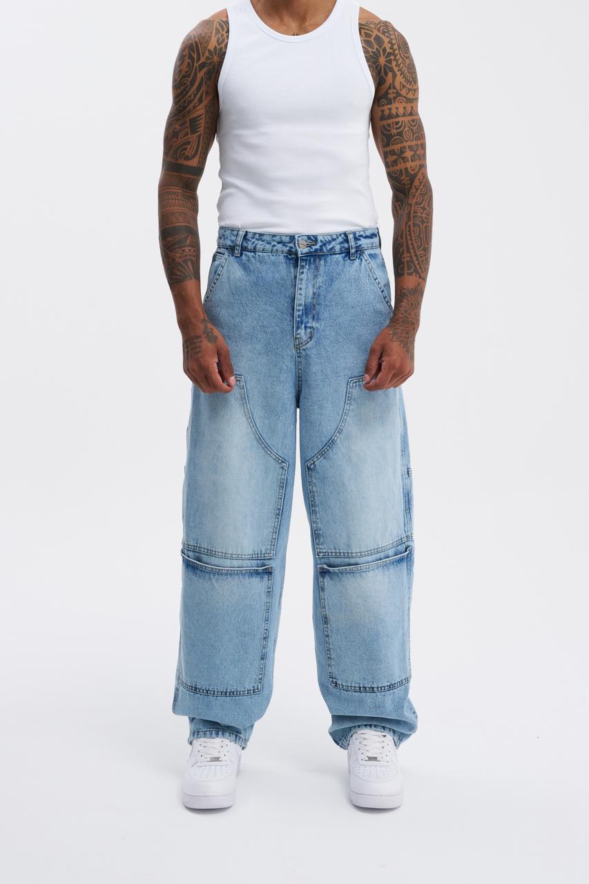 Erkek Oversize Yıkama Efektli Jean Pantolon Açık Mavi
