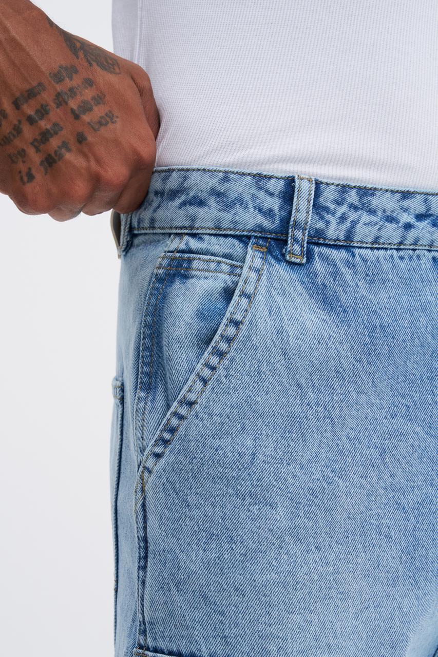Erkek Oversize Yıkama Efektli Jean Pantolon Açık Mavi