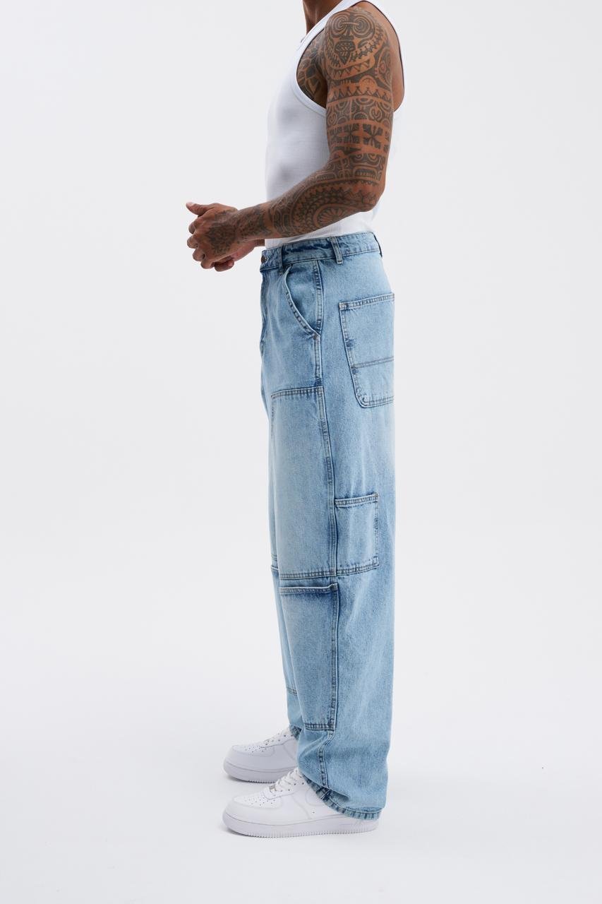 Erkek Oversize Yıkama Efektli Jean Pantolon Açık Mavi