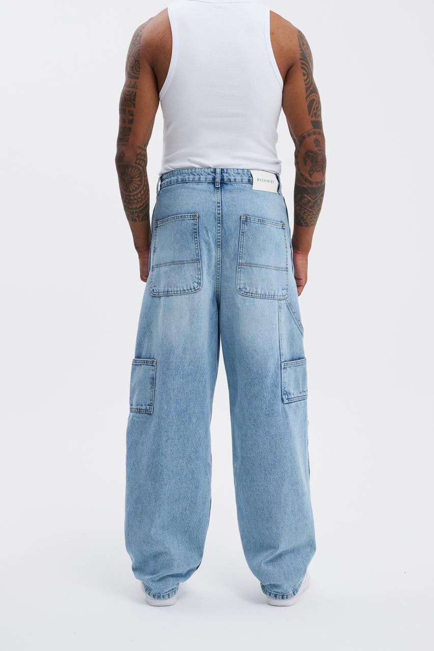 Erkek Oversize Yıkama Efektli Jean Pantolon Açık Mavi