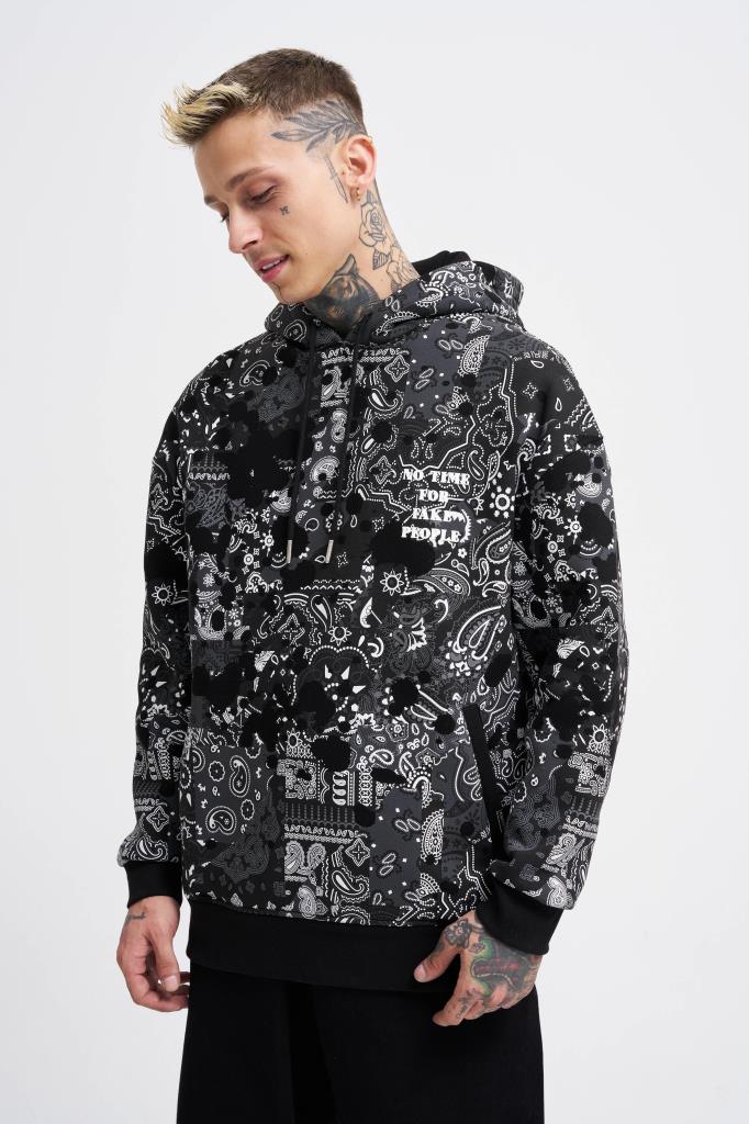 Erkek Paisley Pattern Printed Hoodie Siyah