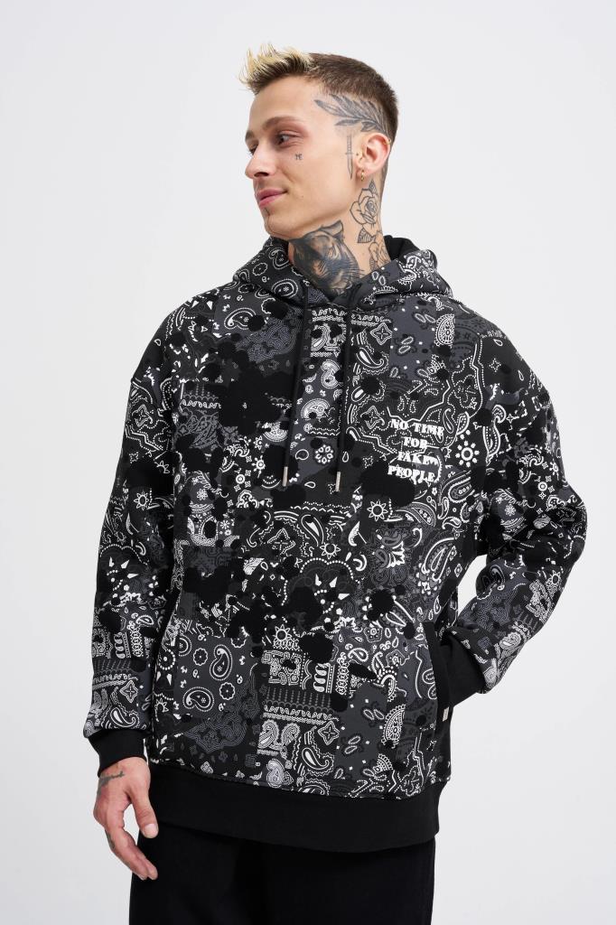 Erkek Paisley Pattern Printed Hoodie Siyah