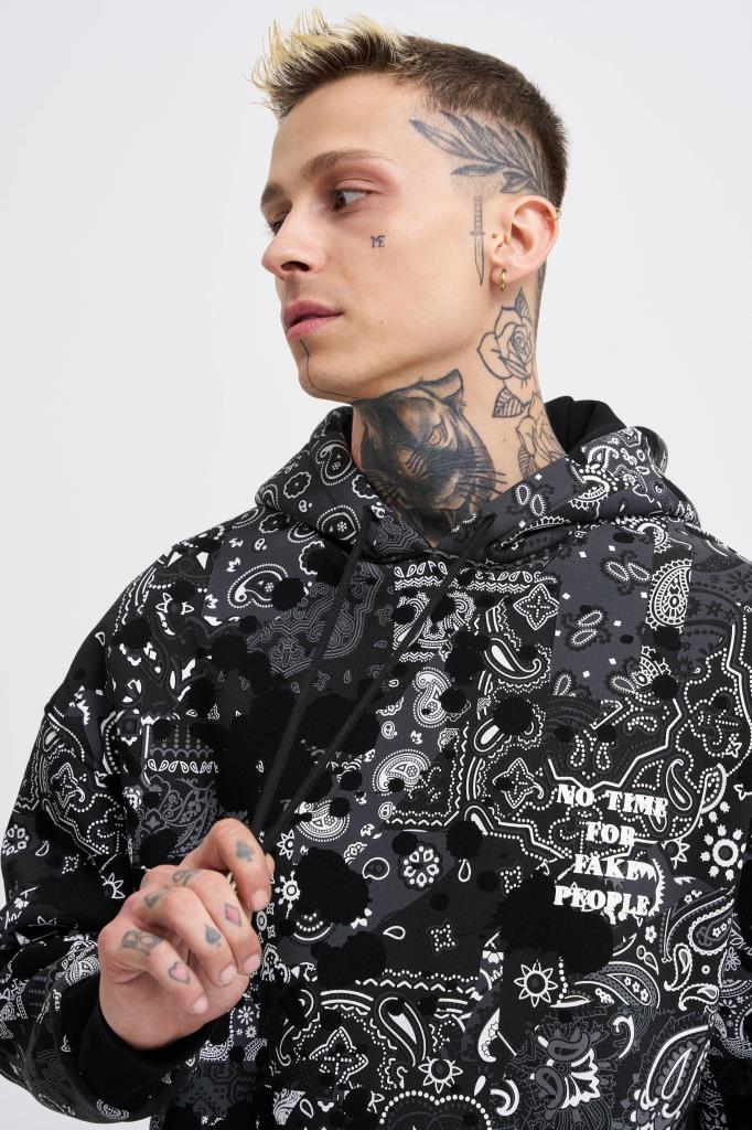 Erkek Paisley Pattern Printed Hoodie Siyah