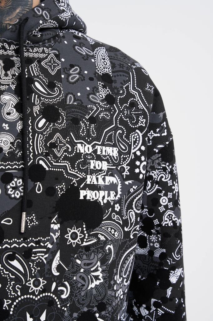 Erkek Paisley Pattern Printed Hoodie Siyah