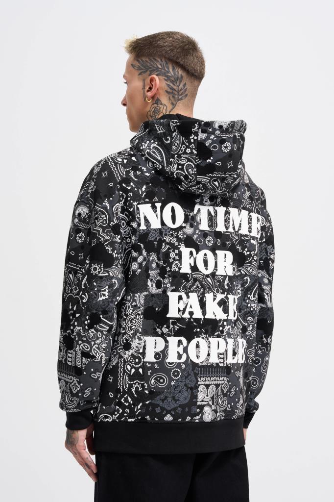 Erkek Paisley Pattern Printed Hoodie Siyah