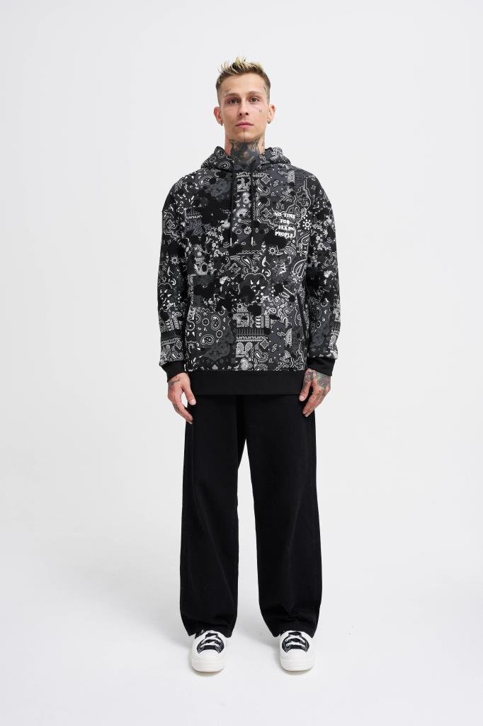 Erkek Paisley Pattern Printed Hoodie Siyah