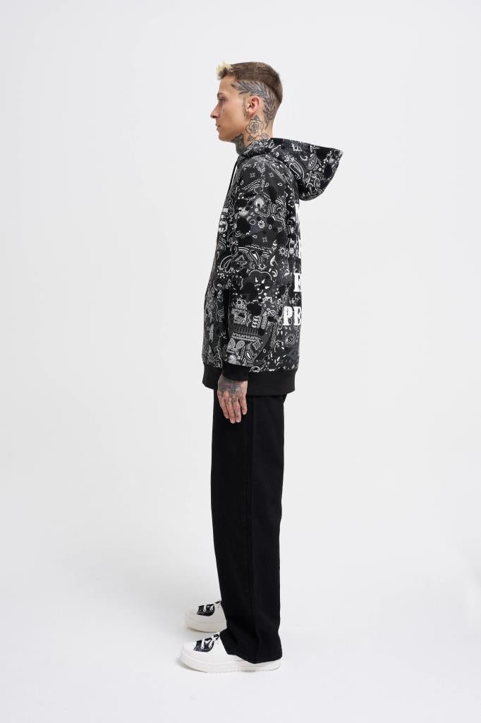 Erkek Paisley Pattern Printed Hoodie Siyah