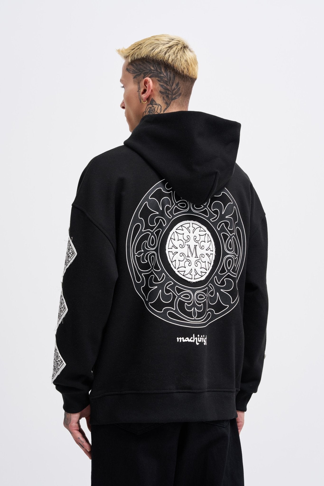 Erkek Patched Ethnic Kapüşonlu Sweatshirt Siyah