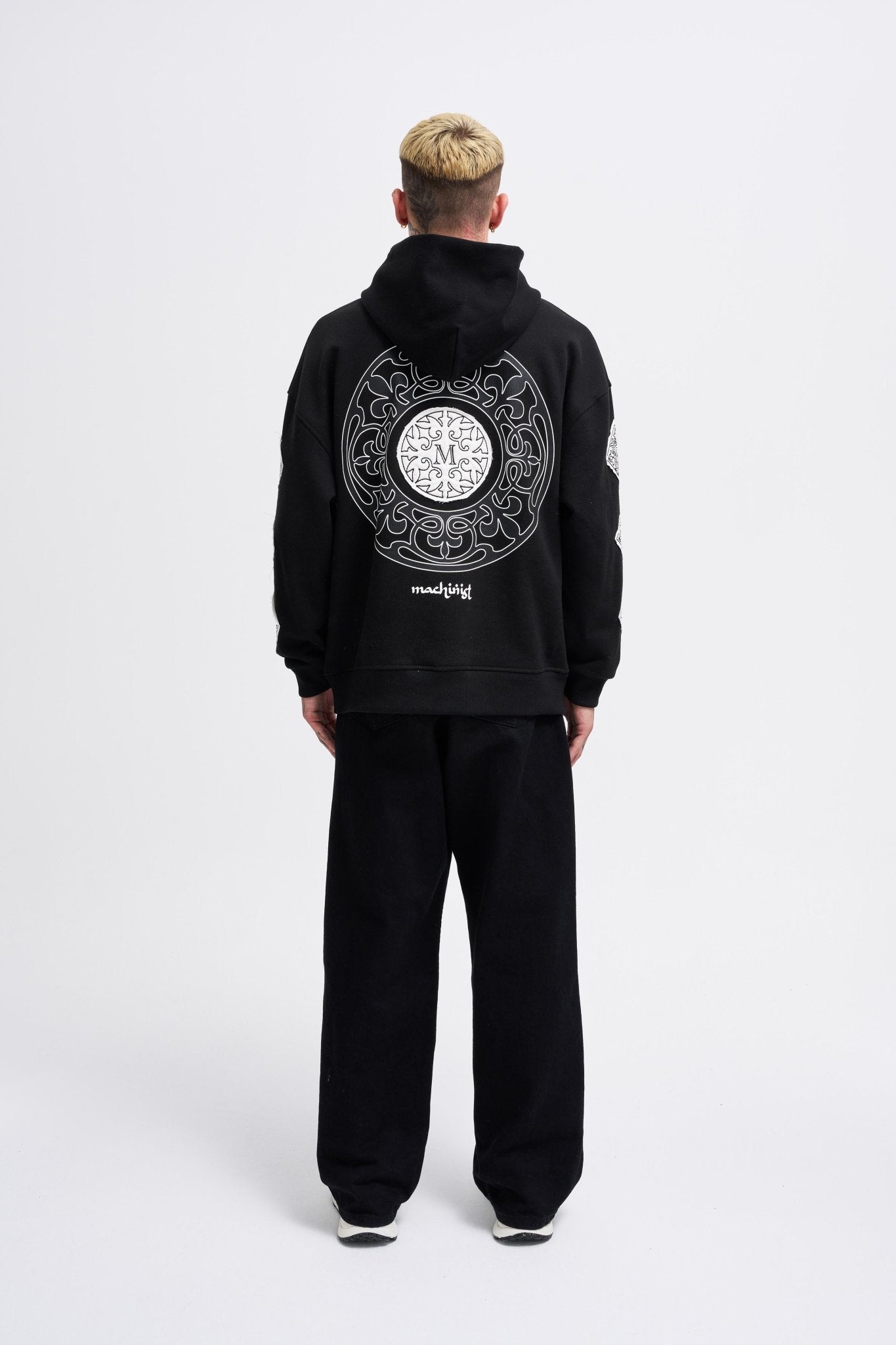 Erkek Patched Ethnic Kapüşonlu Sweatshirt Siyah