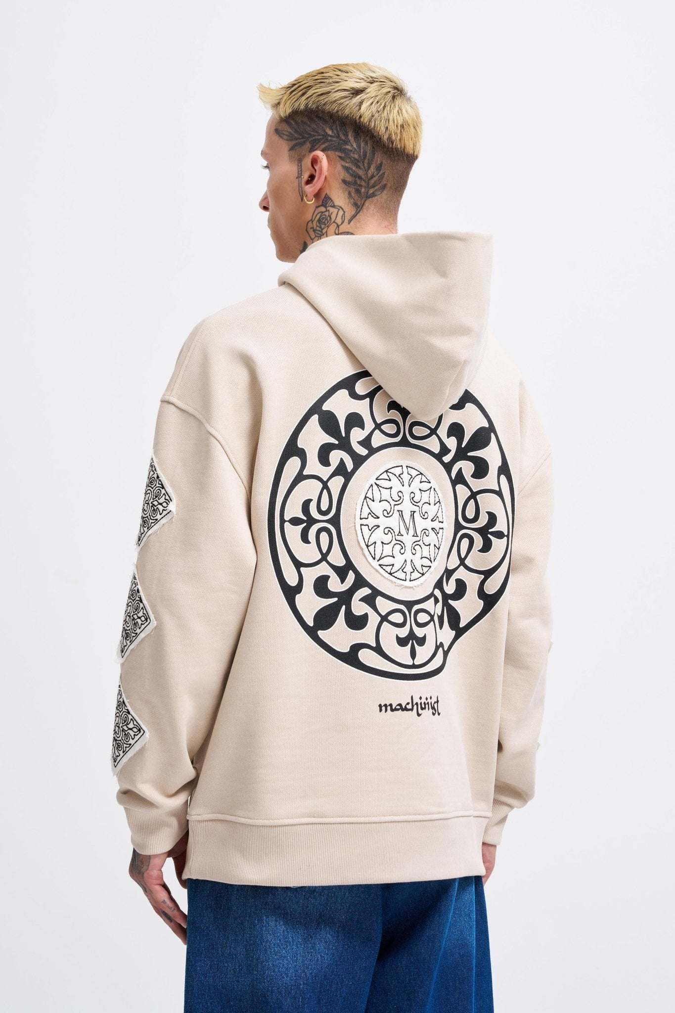 Erkek Patched Ethnic Kapüşonlu Sweatshirt Açık Bej