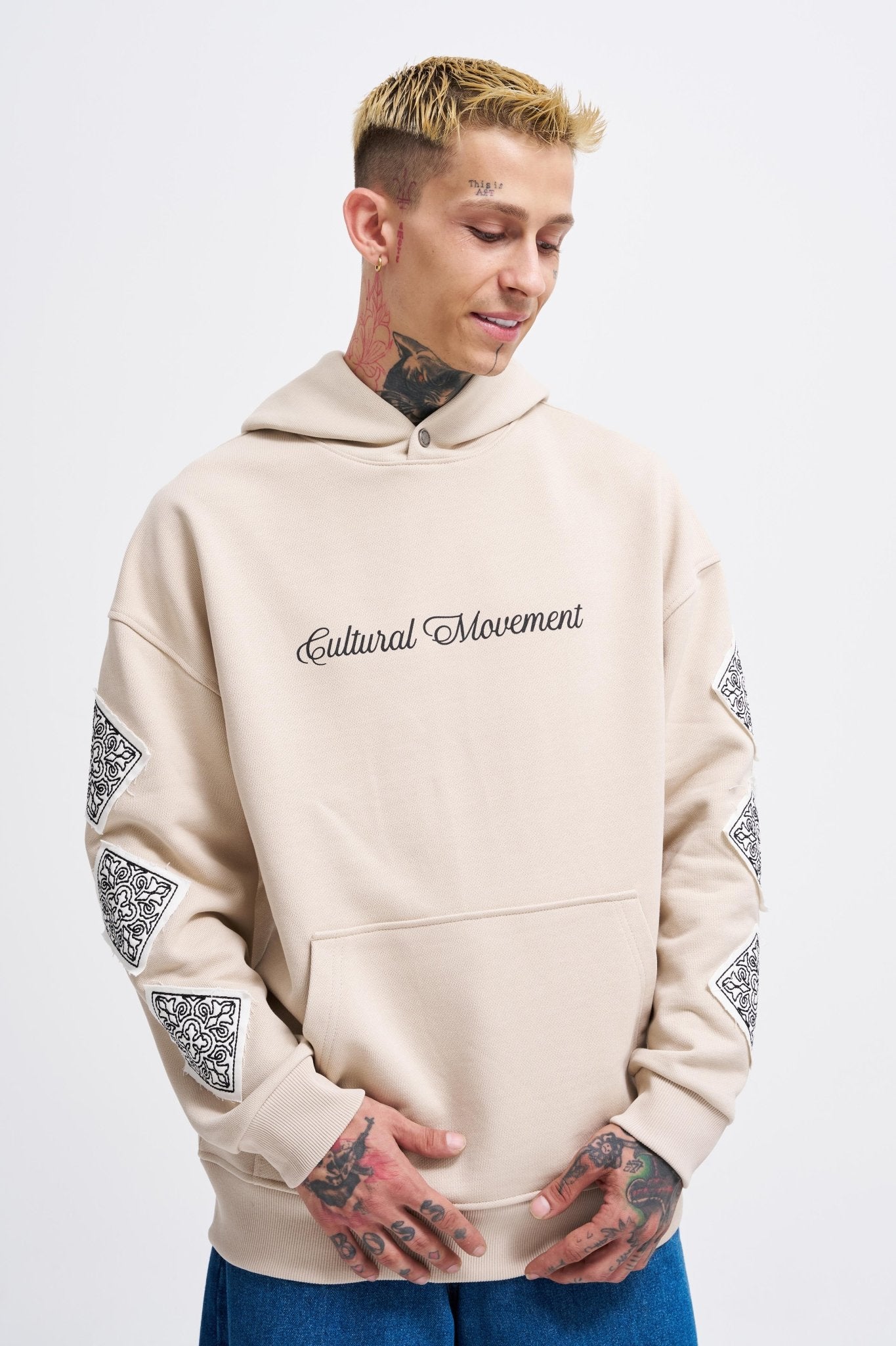 Erkek Patched Ethnic Kapüşonlu Sweatshirt Açık Bej