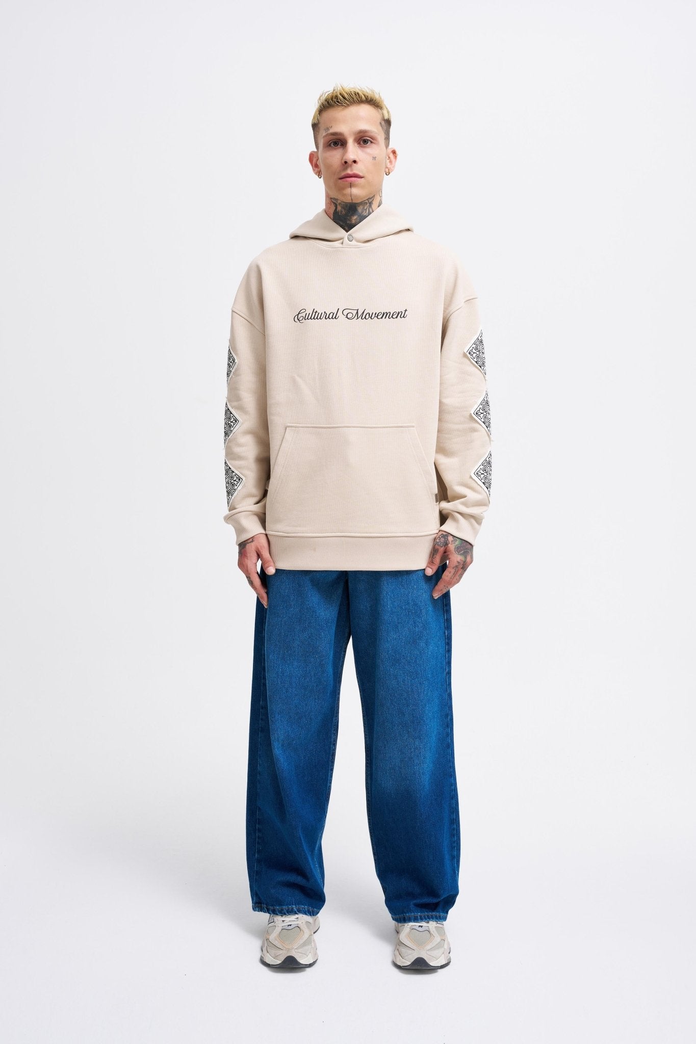 Erkek Patched Ethnic Kapüşonlu Sweatshirt Açık Bej