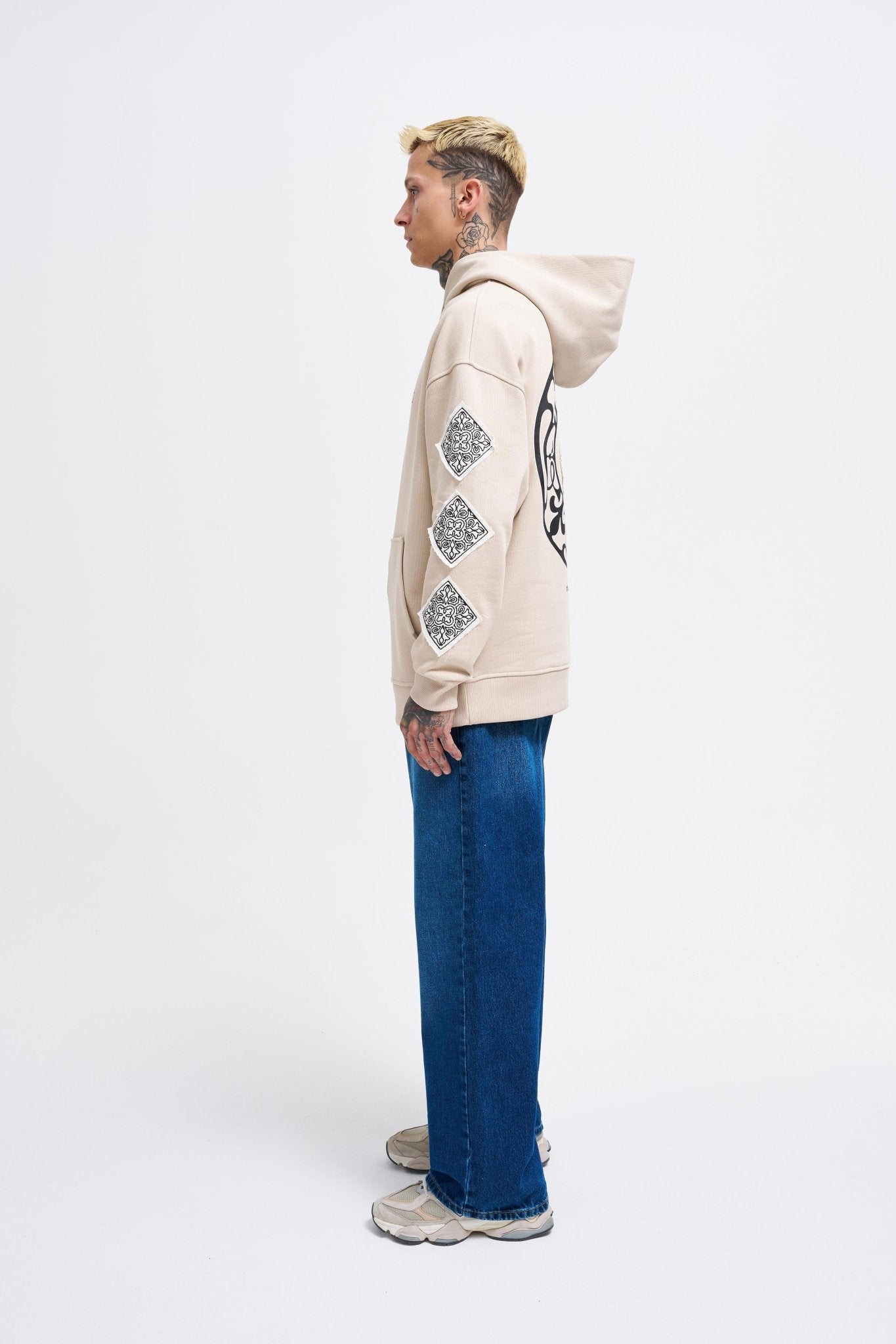 Erkek Patched Ethnic Kapüşonlu Sweatshirt Açık Bej