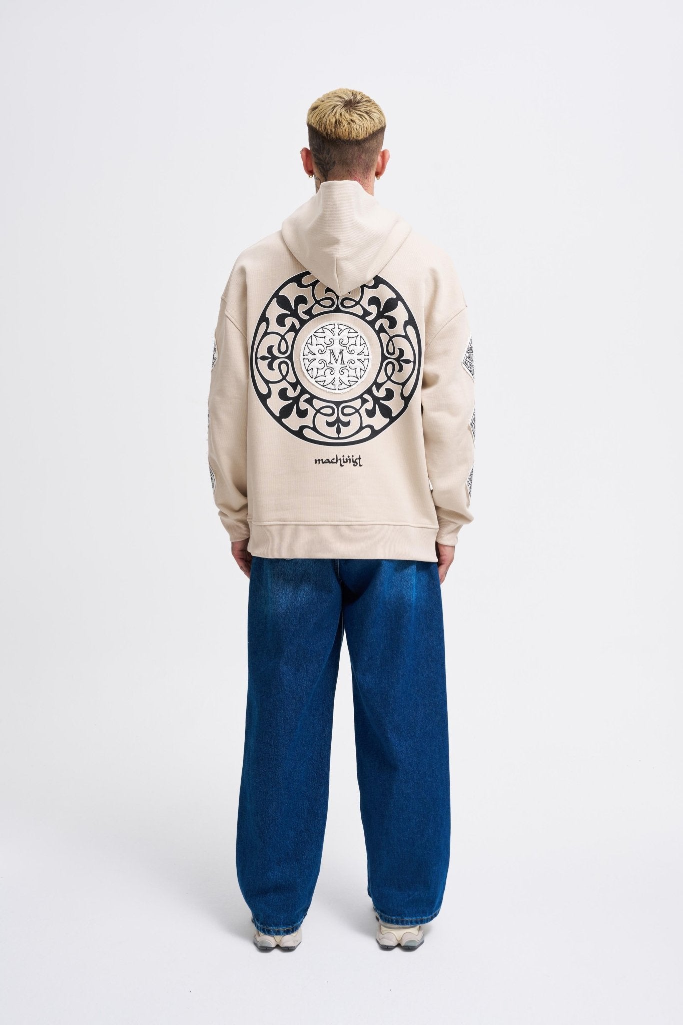 Erkek Patched Ethnic Kapüşonlu Sweatshirt Açık Bej