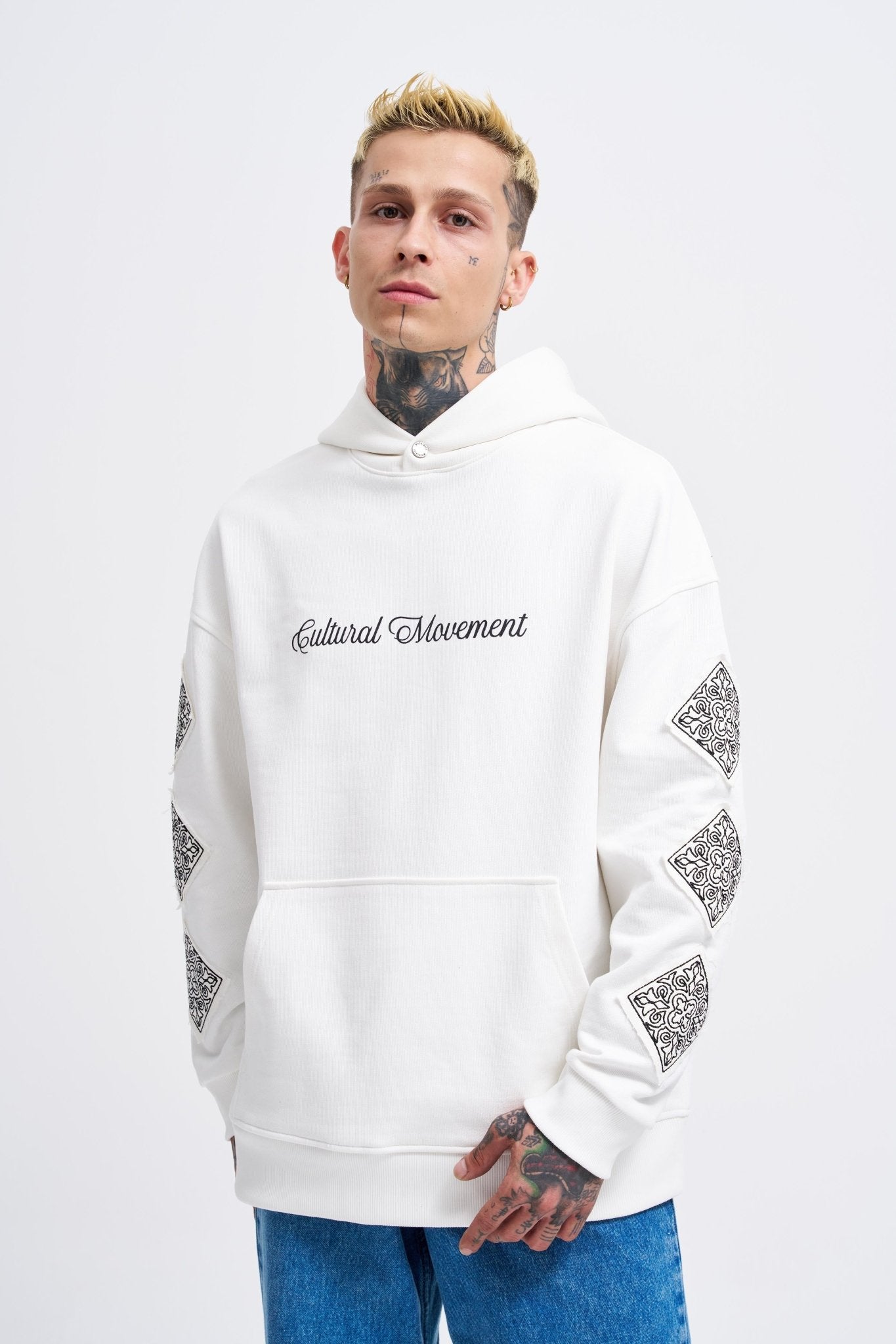 Erkek Patched Ethnic Kapüşonlu Sweatshirt Ekru