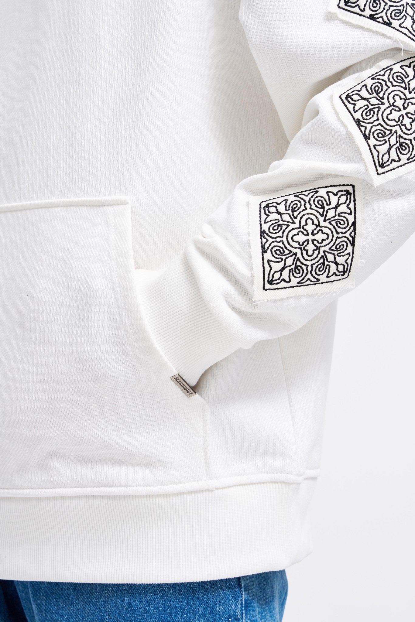 Erkek Patched Ethnic Kapüşonlu Sweatshirt Ekru