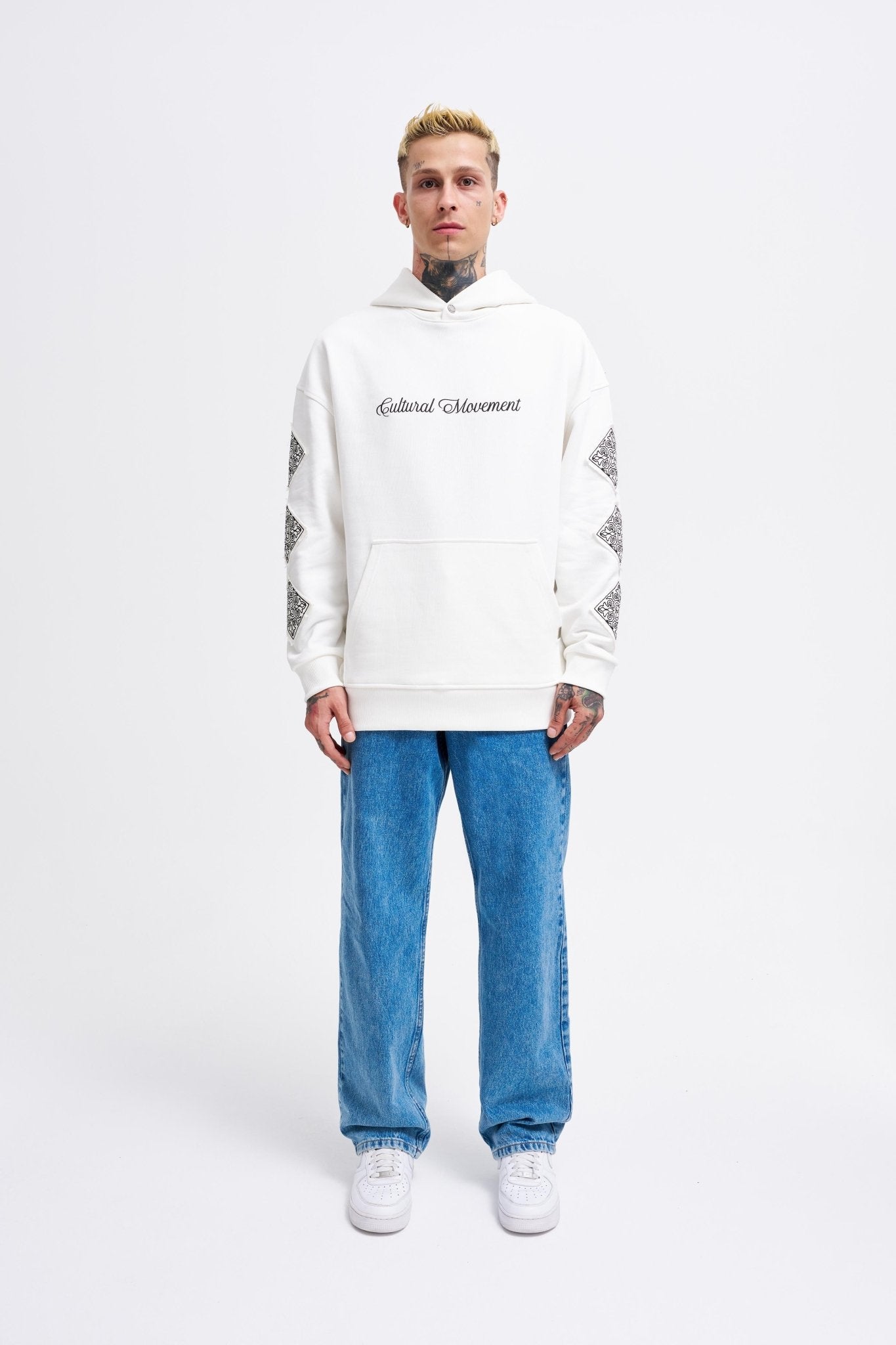 Erkek Patched Ethnic Kapüşonlu Sweatshirt Ekru