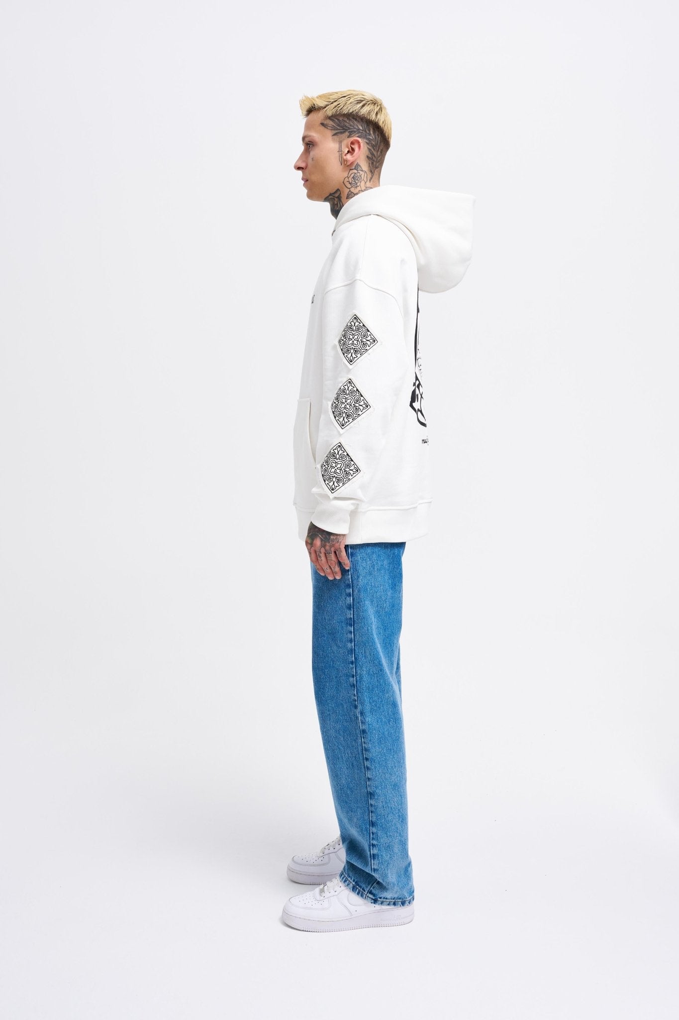 Erkek Patched Ethnic Kapüşonlu Sweatshirt Ekru
