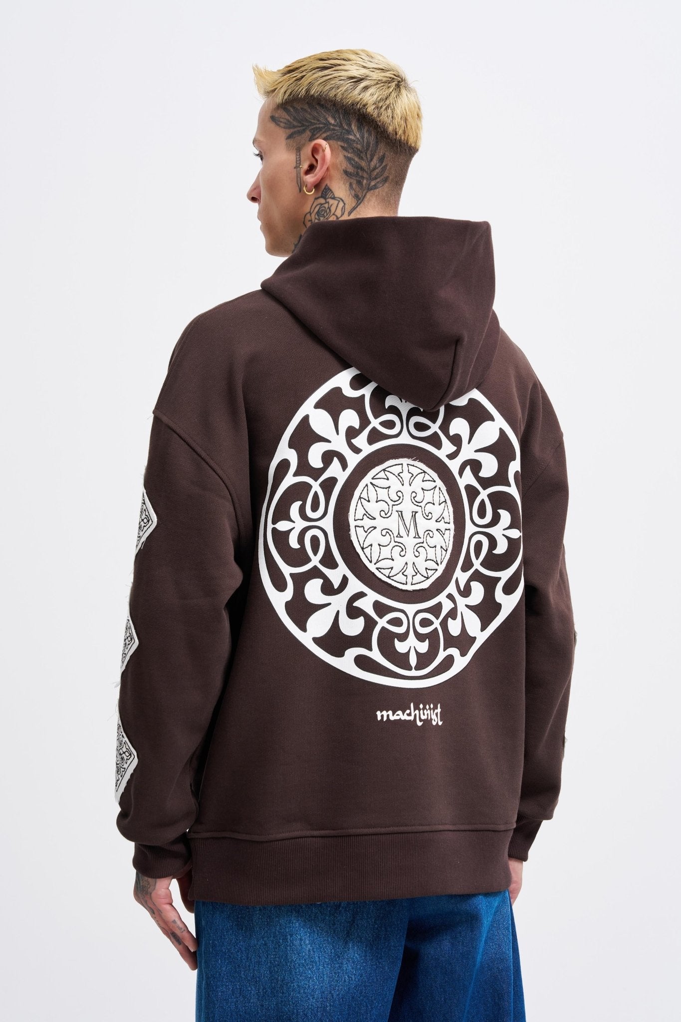 Erkek Patched Ethnic Kapüşonlu Sweatshirt Koyu Kahverengi
