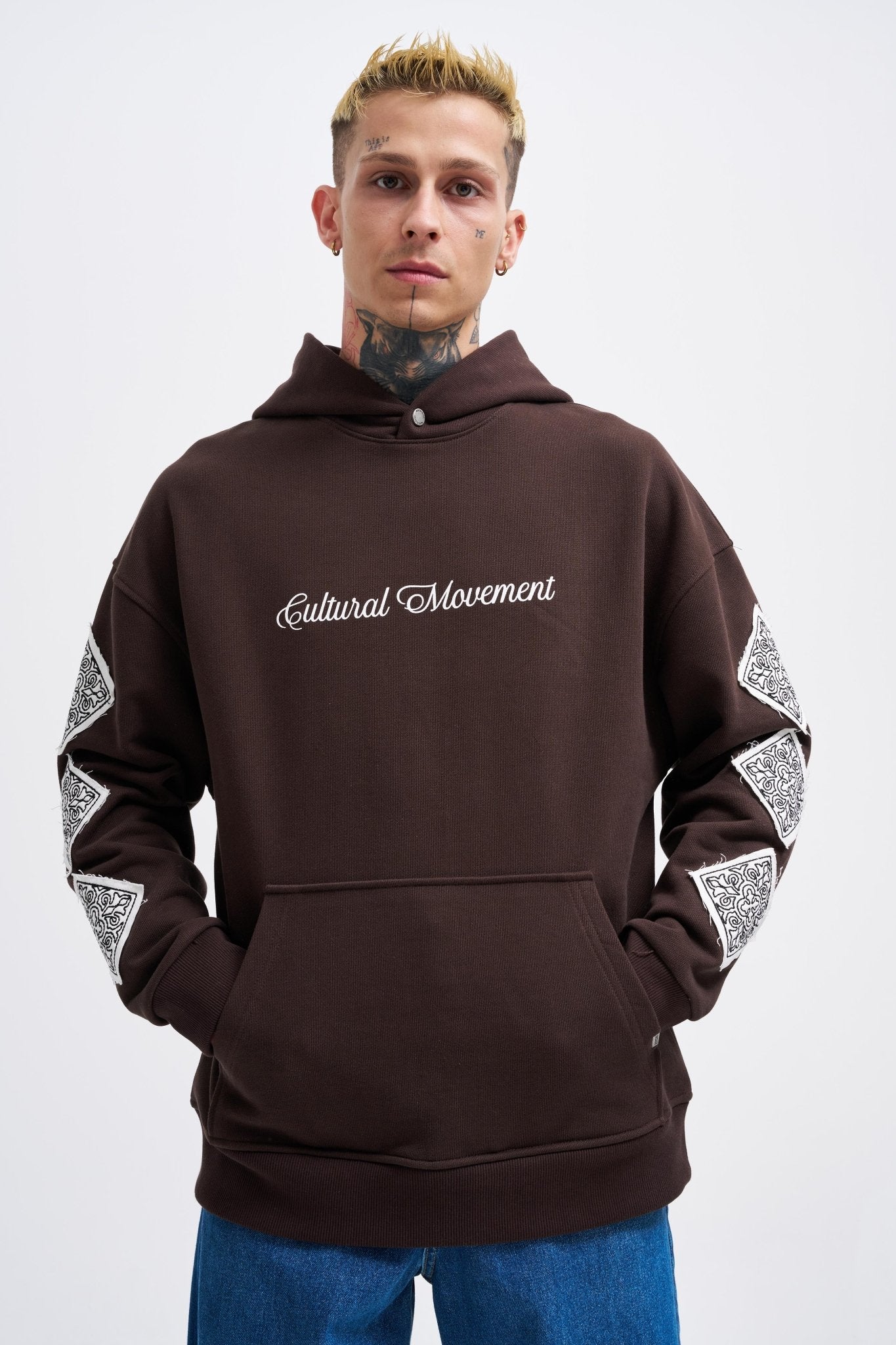 Erkek Patched Ethnic Kapüşonlu Sweatshirt Koyu Kahverengi