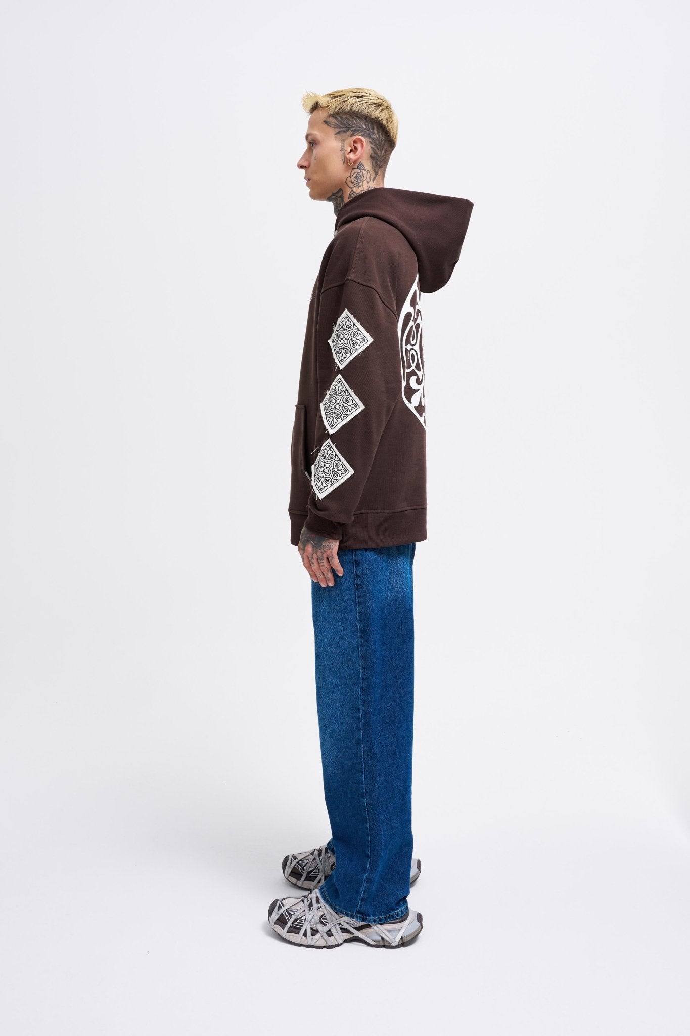 Erkek Patched Ethnic Kapüşonlu Sweatshirt Koyu Kahverengi