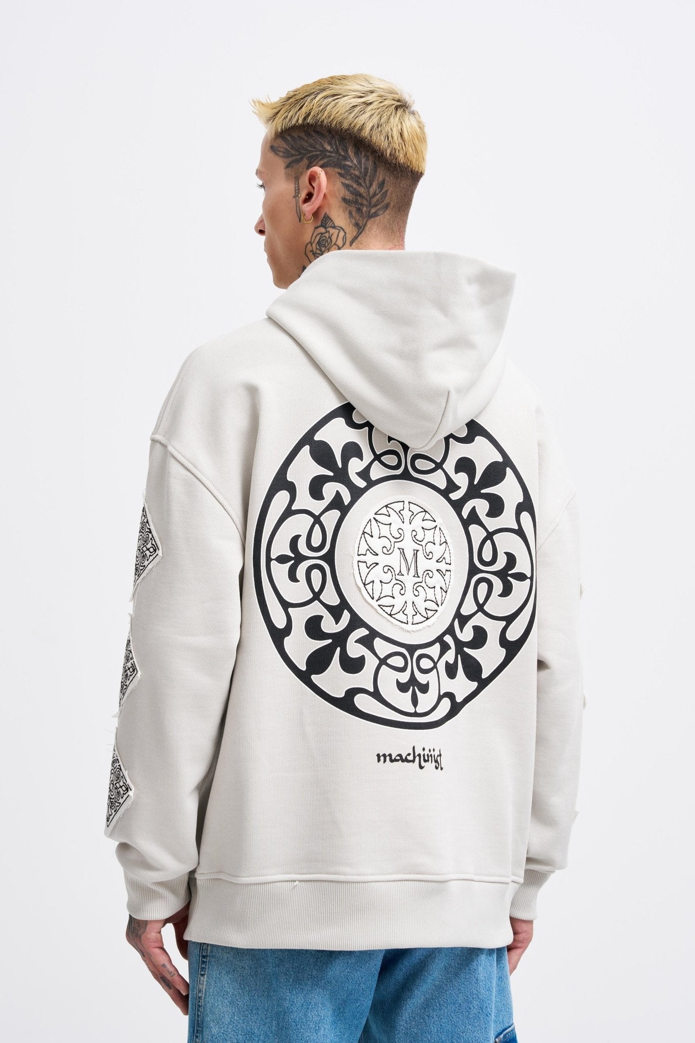 Erkek Patched Ethnic Kapüşonlu Sweatshirt Uzay Grisi