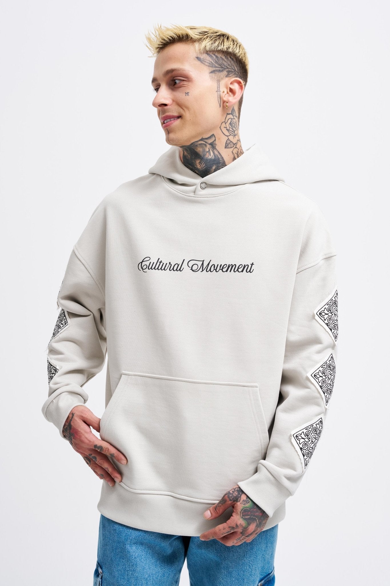 Erkek Patched Ethnic Kapüşonlu Sweatshirt Uzay Grisi
